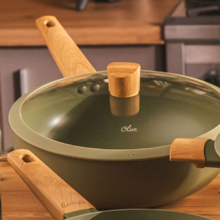 Wok de aluminio con antiadherente olive con tapa 28 cm
